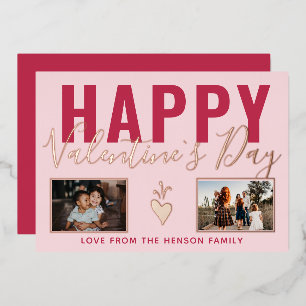 Tarjeta Festiva Con Relieve Metalizado Corazón Feliz Día de San Valentín Script 2 Colaje