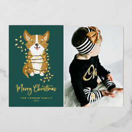 Tarjeta Festiva Con Relieve Metalizado Corgi y String Luces Foto Feliz Navidad