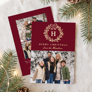 Tarjeta Festiva Con Relieve Metalizado Coroa de Navidad elegante Monograma Burdeos 4 Foto