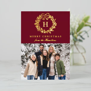 Tarjeta Festiva Con Relieve Metalizado Coroa de Navidad elegante Monograma Burdeos 4 Foto