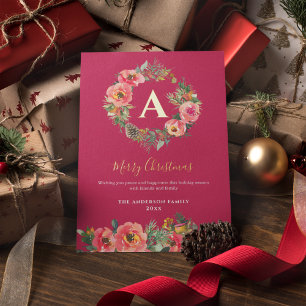 Tarjeta Festiva Con Relieve Metalizado Corona botánica floral roja monograma Navidad