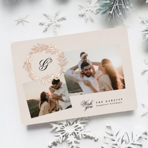 Tarjeta Festiva Con Relieve Metalizado Corona clásica de Navidad collage de fotos Rosa Do