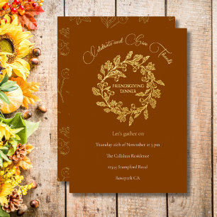 Tarjeta Festiva Con Relieve Metalizado Corona de bayas de otoño chic terracota oro script