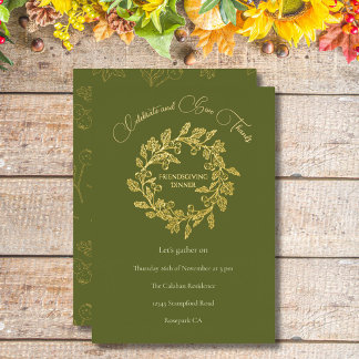 Tarjeta Festiva Con Relieve Metalizado Corona de bayas elegantes de otoño, Friendsgiving