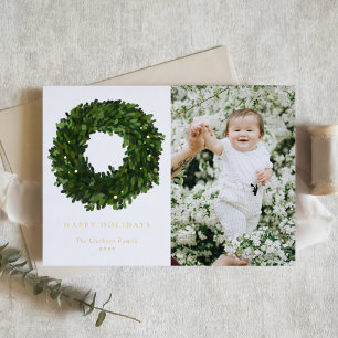 Tarjeta Festiva Con Relieve Metalizado Corona de boj pintada a mano Felices Fiestas Foto