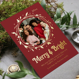 Tarjeta Festiva Con Relieve Metalizado Corona de foto moderna Merry & Bright en guión