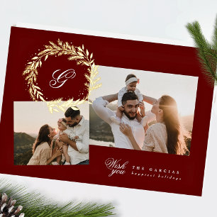 Tarjeta Festiva Con Relieve Metalizado Corona de monograma clásica de Navidad en color bu