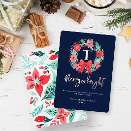 Tarjeta Festiva Con Relieve Metalizado Corona de Navidad Azul Lazo Rojo Monograma 