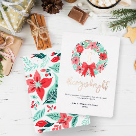 Tarjeta Festiva Con Relieve Metalizado Corona de Navidad Blanca con Lazo Rojo Monograma 