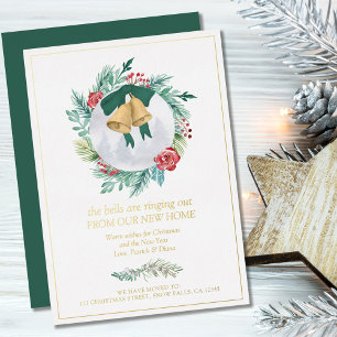 Tarjeta Festiva Con Relieve Metalizado Corona de Navidad con campanas sonando Nueva Casa