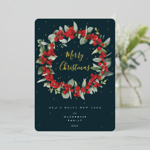 Tarjeta Festiva Con Relieve Metalizado Corona de Navidad de Bayas Rojas+Eucalipto No Foto