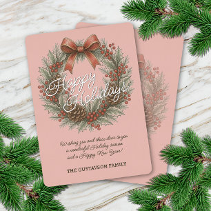 Tarjeta Festiva Con Relieve Metalizado Corona de Navidad de diciembre elegante con lazo r