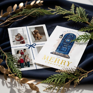 Tarjeta Festiva Con Relieve Metalizado Corona de Navidad de puerta de color azul marino d