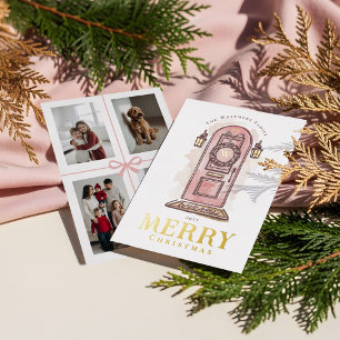 Tarjeta Festiva Con Relieve Metalizado Corona de Navidad de puerta rosa dibujada a mano c