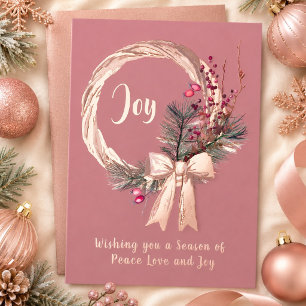 Tarjeta Festiva Con Relieve Metalizado Corona de Navidad elegante alegría rosa oro