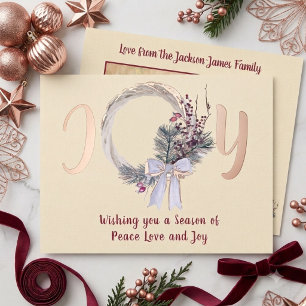 Tarjeta Festiva Con Relieve Metalizado Corona de Navidad elegante Joy Navidad Rosa Oro