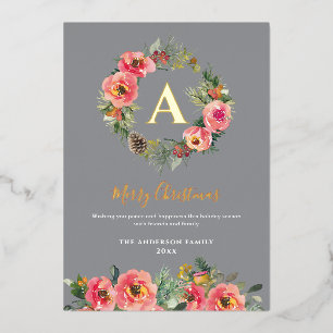 Tarjeta Festiva Con Relieve Metalizado Corona de Navidad floral botánica gris monograma