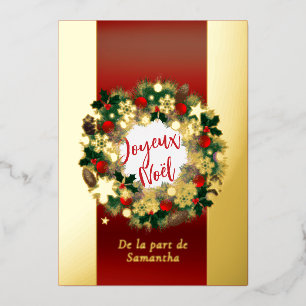 Tarjeta Festiva Con Relieve Metalizado Corona de Navidad personalizable Joyeux Noël dorad