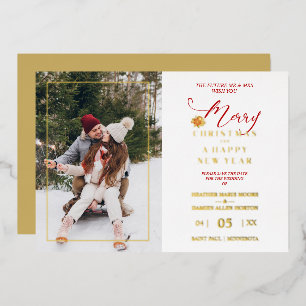Tarjeta Festiva Con Relieve Metalizado Corona de Navidad Poinsettias Foto Boda