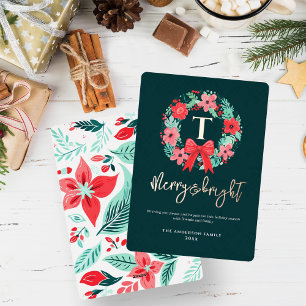 Tarjeta Festiva Con Relieve Metalizado Corona de Navidad Verde Arco Rojo Monograma