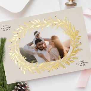 Tarjeta Festiva Con Relieve Metalizado corona de pino de Navidad elegante marco foto Oro