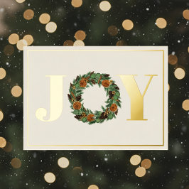 Tarjeta Festiva Con Relieve Metalizado Corona de pino y naranja seca Joy dorado sin foto