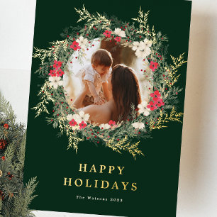 Tarjeta Festiva Con Relieve Metalizado corona moderna verde una foto feliz navidad dorado