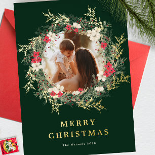 Tarjeta Festiva Con Relieve Metalizado corona moderna verde una foto feliz navidad dorado