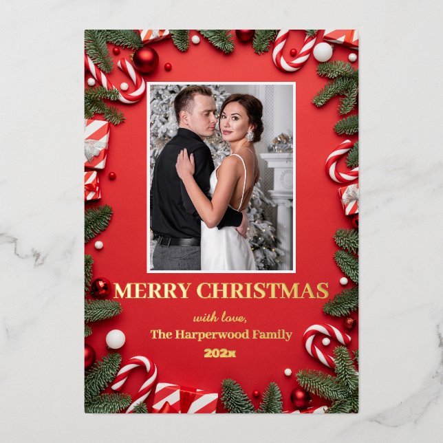 Tarjeta Festiva Con Relieve Metalizado corona navideña elegante moderna roja foto familia (Anverso)