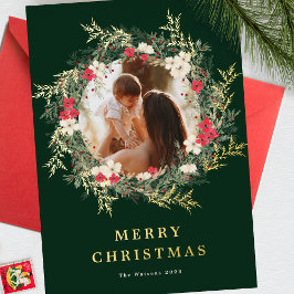 Tarjeta Festiva Con Relieve Metalizado corona verde moderna una foto alegre navidad oro