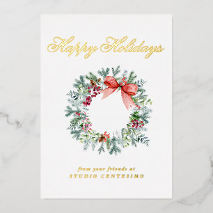 Tarjeta Festiva Con Relieve Metalizado Corporativo Felices Fiestas Corona de Navidad Dora