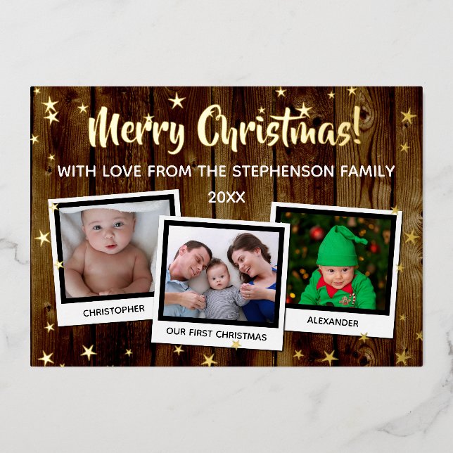 Tarjeta Festiva Con Relieve Metalizado Country Wood Stars Merry Christmas Family 3 Photo (Anverso)