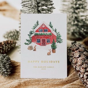 Tarjeta Festiva Con Relieve Metalizado Cozy Watercolor Red Cottage Evergreen Forest