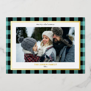 Tarjeta Festiva Con Relieve Metalizado CozyTeal Black Plaid Border 3 Fotos Navidades