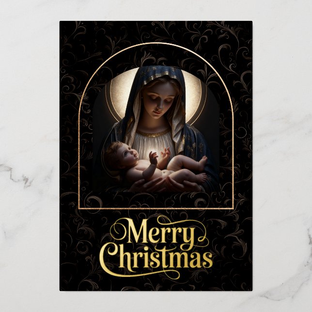 Tarjeta Festiva Con Relieve Metalizado “Cradled in Divine Light” Foil Holiday Card (Anverso)