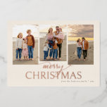 Tarjeta Festiva Con Relieve Metalizado Cream Collage Photo Merry Christmas Rosa Gold<br><div class="desc">Tarjeta de foto del Collage navideño de Crema de Relieve metalizado dorado Rosa. Año de revisión. 4 fotos.</div>