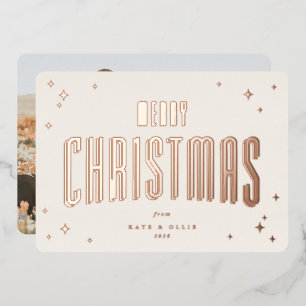 Tarjeta Festiva Con Relieve Metalizado Crema+Rosa oro Feliz Navidad Estrellas retro Foto