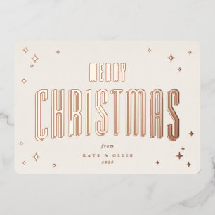 Tarjeta Festiva Con Relieve Metalizado Crema+Rosa oro Feliz Navidad Estrellas retro plana