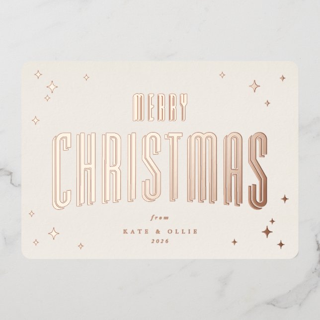 Tarjeta Festiva Con Relieve Metalizado Crema+Rosa oro Feliz Navidad Estrellas retro plana (Anverso)