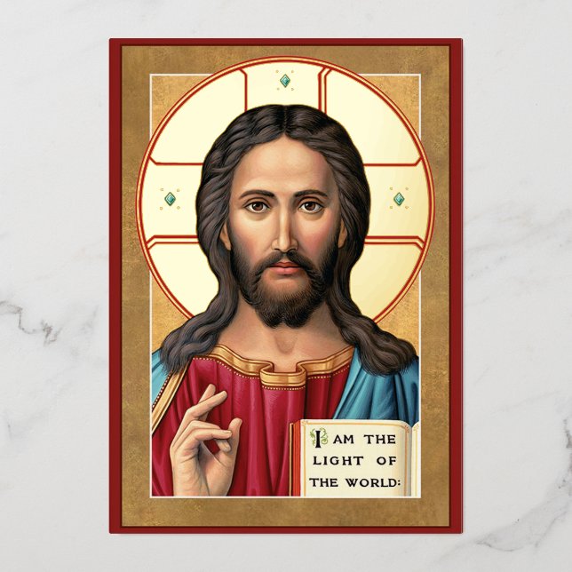 Tarjeta Festiva Con Relieve Metalizado Cristo la luz del mundo (Anverso)
