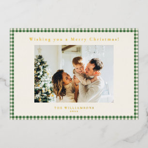 Tarjeta Festiva Con Relieve Metalizado Cuadrícula de gingham verde personalizada Navideña