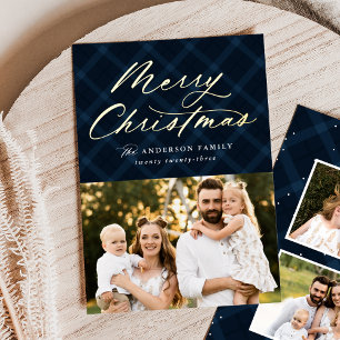 Tarjeta Festiva Con Relieve Metalizado Cuadrillé de Navy Cepillado Feliz Navidad 3 Foto