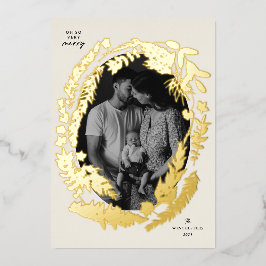 Tarjeta Festiva Con Relieve Metalizado Cuadro de Impresiones Botánicas Navideñas