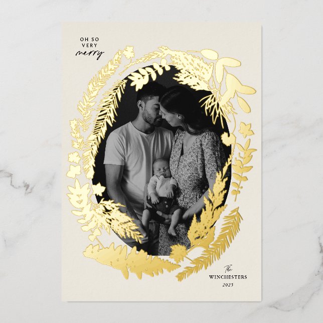 Tarjeta Festiva Con Relieve Metalizado Cuadro de Impresiones Botánicas Navideñas (Anverso)