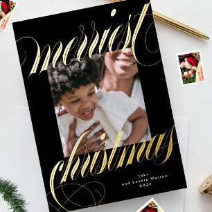 Tarjeta Festiva Con Relieve Metalizado cuadro negro navidades caligrafía de oro una foto