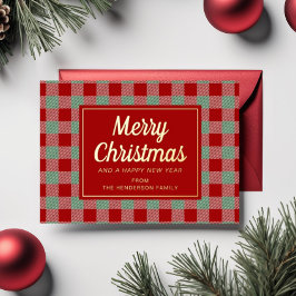 Tarjeta Festiva Con Relieve Metalizado Cuadros rojos de Navidad dorado 