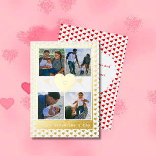Tarjeta Festiva Con Relieve Metalizado Cuatro familias de fotos Oro Corazón Rojo Poema Va