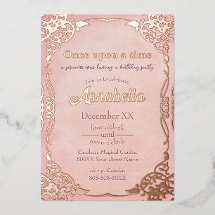 Tarjeta Festiva Con Relieve Metalizado Cuento de Hadas Rosa Dorado Encantado Tema
