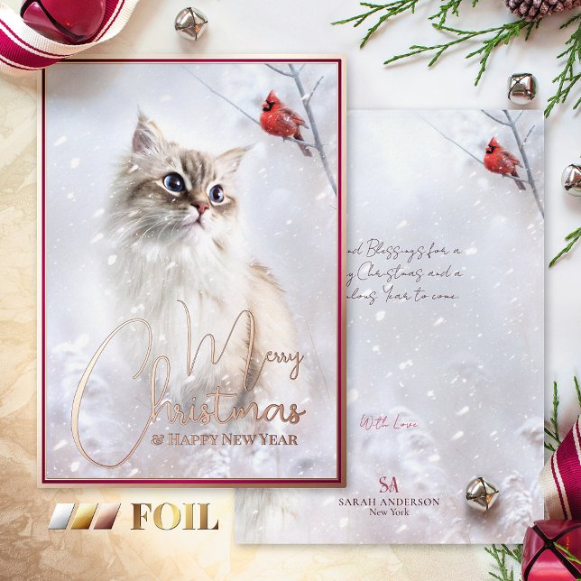 Tarjeta Festiva Con Relieve Metalizado Cuentos de invierno, pájaro gatito y cardenal rojo (Subido por el creador)