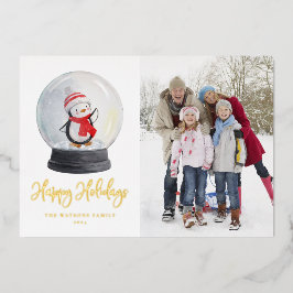 Tarjeta Festiva Con Relieve Metalizado Cuidada acuarela Penguin Nieve Globe Foto